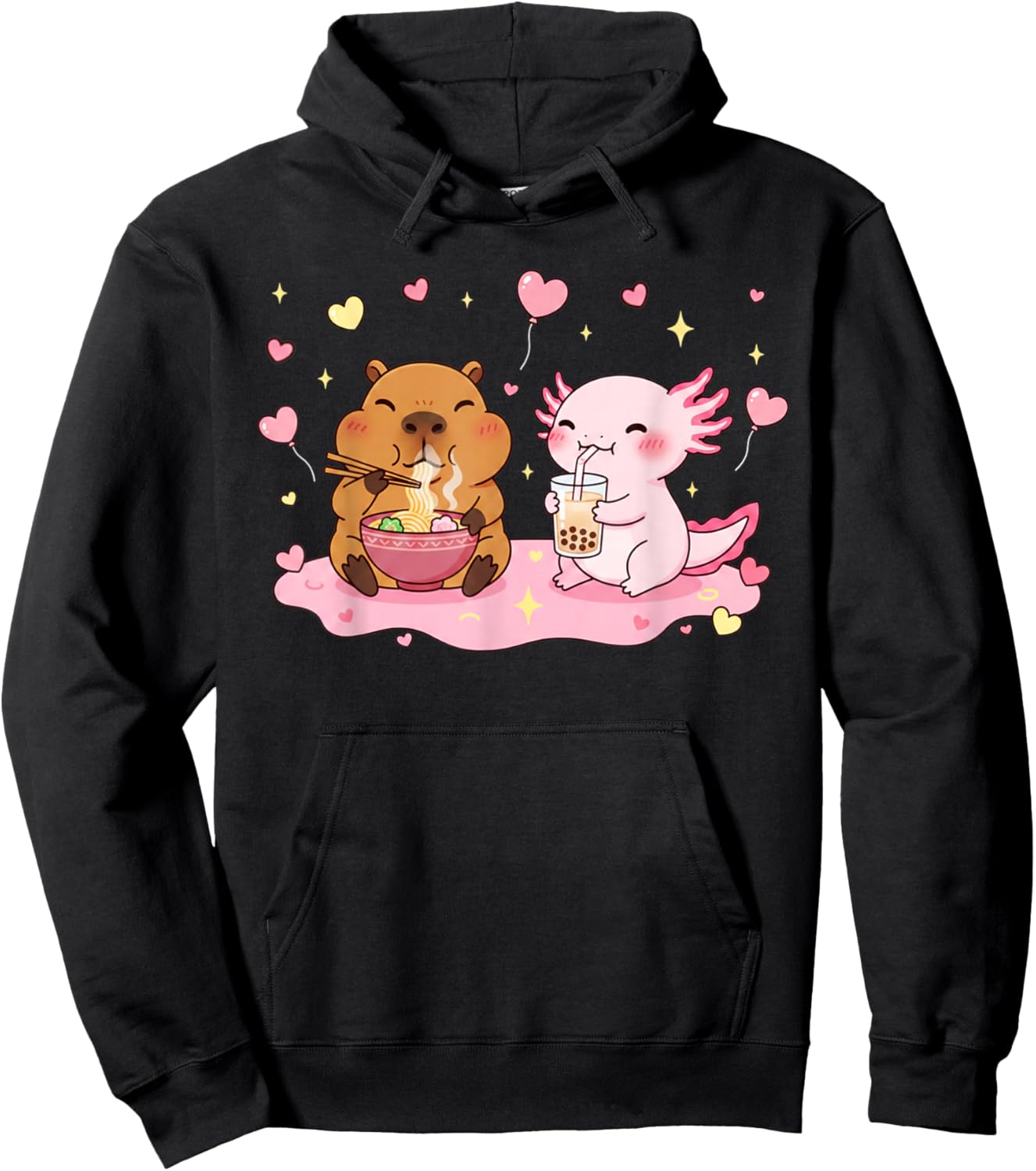 Cute Capybara Ramen and Axolotl Boba Kawaii Kids Valentines Hoodie - Hoodie | Black