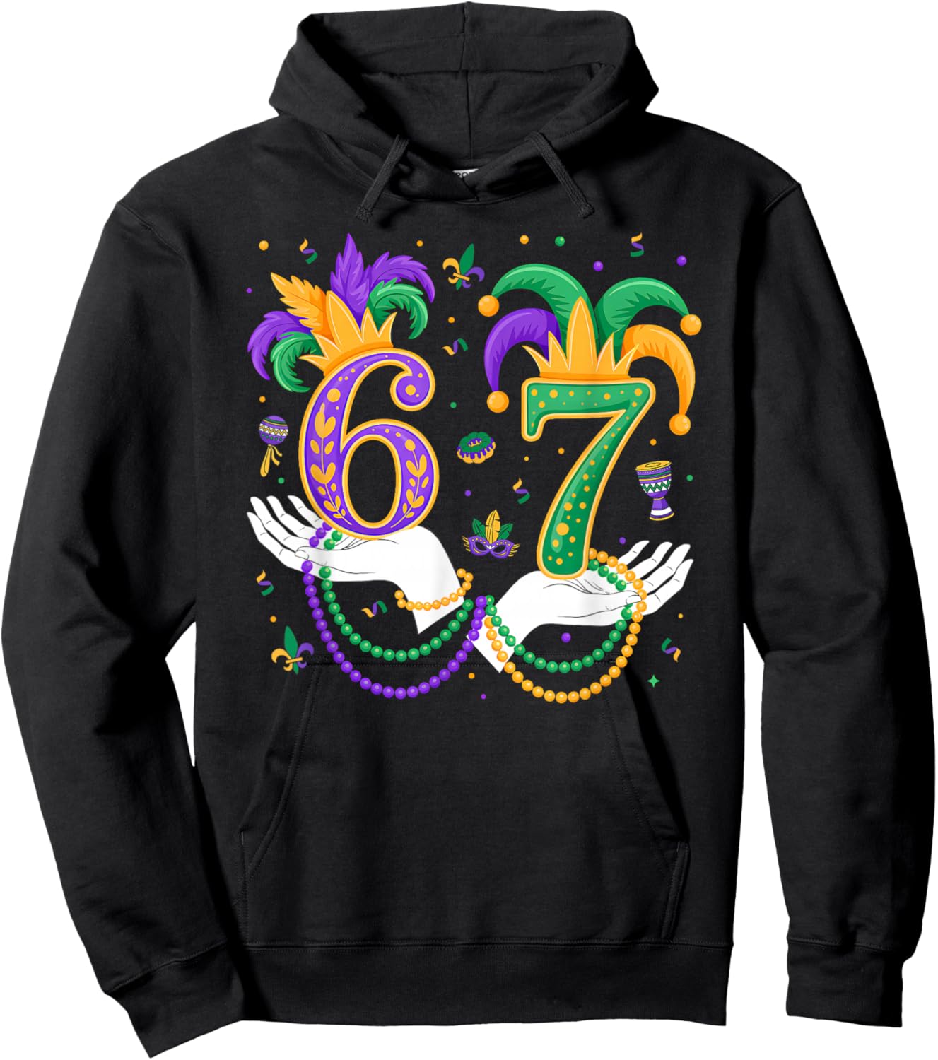 Funny Six Seven 67 Meme Gen Alpha Slang 6 7 Hands Mardi Gras Hoodie - Hoodie | Black