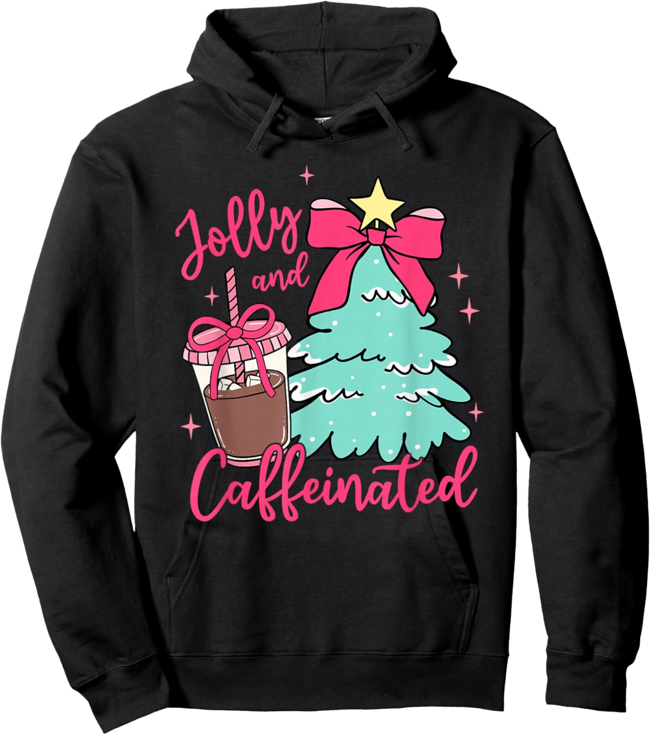 Jolly and Caffeinated Coquette Christmas Tree Coffee Lover Hoodie - Hoodie | Black