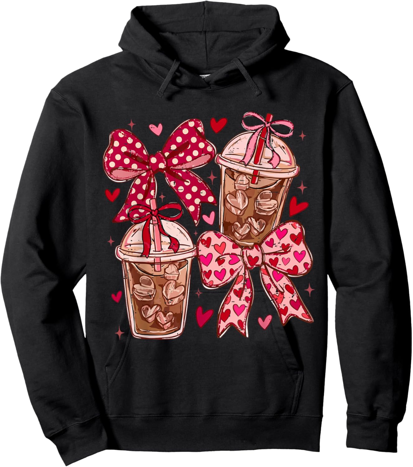 Coquette Bow Funny Valentine Iced Coffee Lover Hearts Pink Hoodie - Hoodie | Black