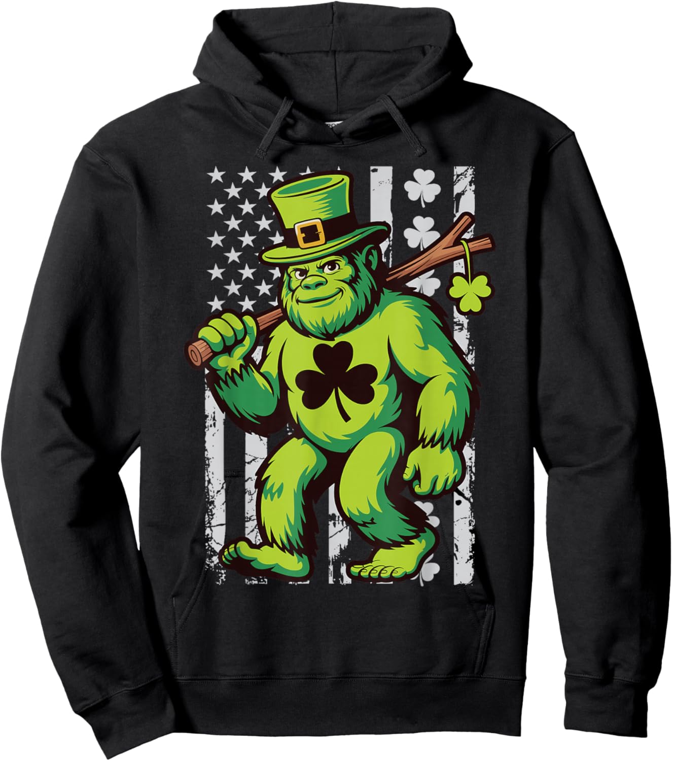 St Patricks Day Bigfoot American Flag USA Shamrocks Vintage Hoodie - Hoodie | Black