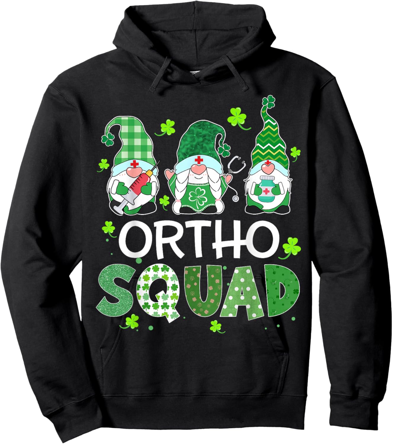 Ortho Squad Gnome Nurse Stethoscope Shamrock St Patricks Day Hoodie - Hoodie | Black