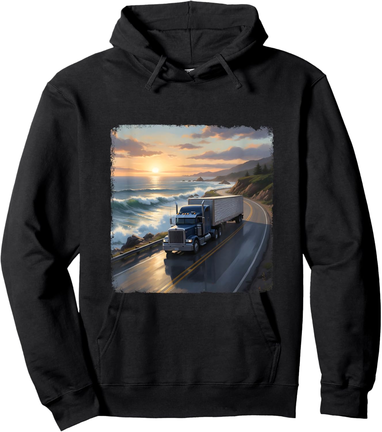 Coastline Sunrise Trucker Truck Driver Truck Lover Highway Hoodie - Hoodie | Black