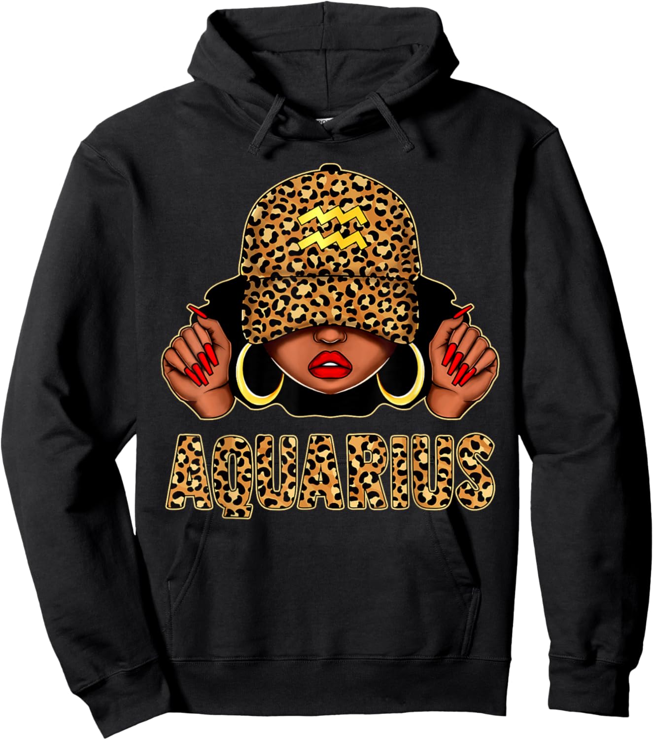 Aquarius Black Woman Leopard Cap Hat Zodiac Sign Birthday Hoodie - Hoodie | Black