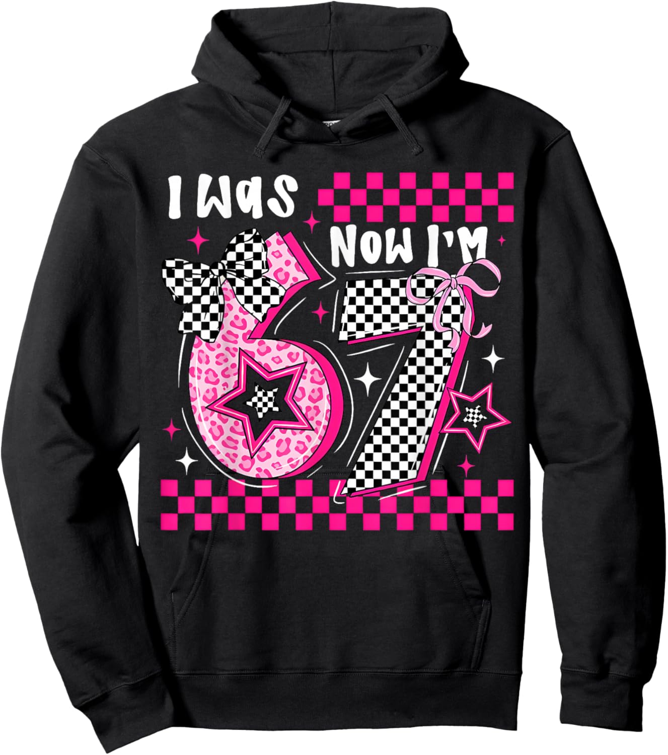 Pink Checkered Leopard Bow 7th Birthday Girl was 6 Now I'm 7 Hoodie - Hoodie | Black