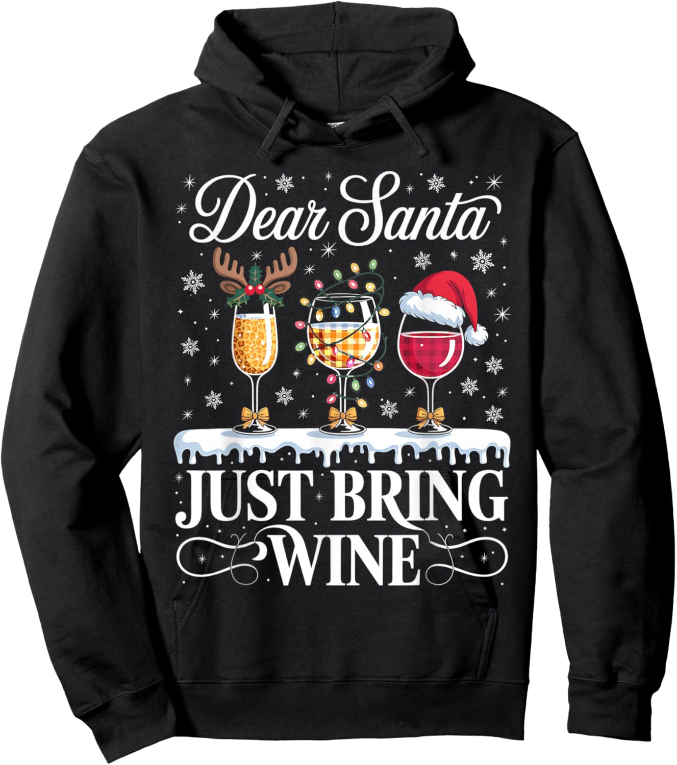 Dear Santa Just Bring Wine Glasses Christmas Pajama Costume Hoodie - Hoodie | Black