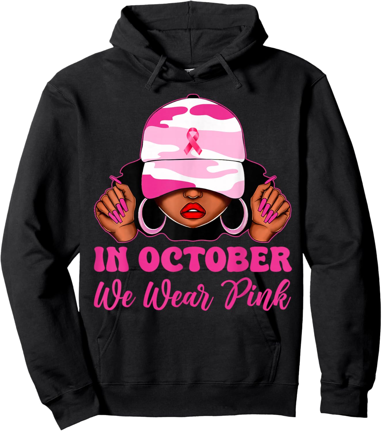 in October We Wear Pink Black Women Camo Breast Cancer Hoodie - Hoodie | Black