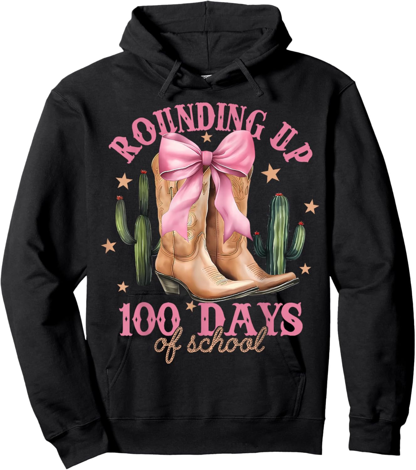 Funny Rounding Up 100 Days of School Pink Coquette Cowgirl Hoodie - Hoodie | Black