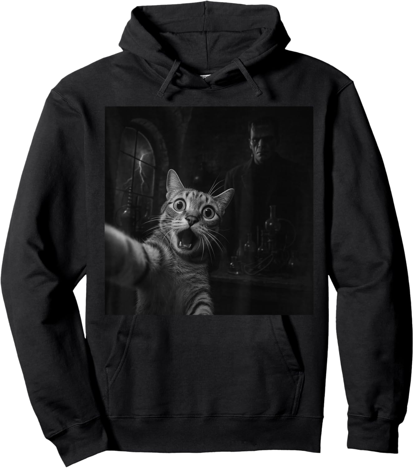 Funny Halloween Surprised Scared Cat Selfie Frankenstein Hoodie - Hoodie | Black