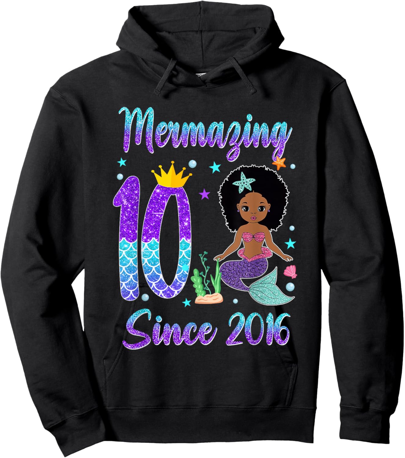 Awesome Since 2016 10 Year Old Black Mermaid Birthday Hoodie - Hoodie | Black