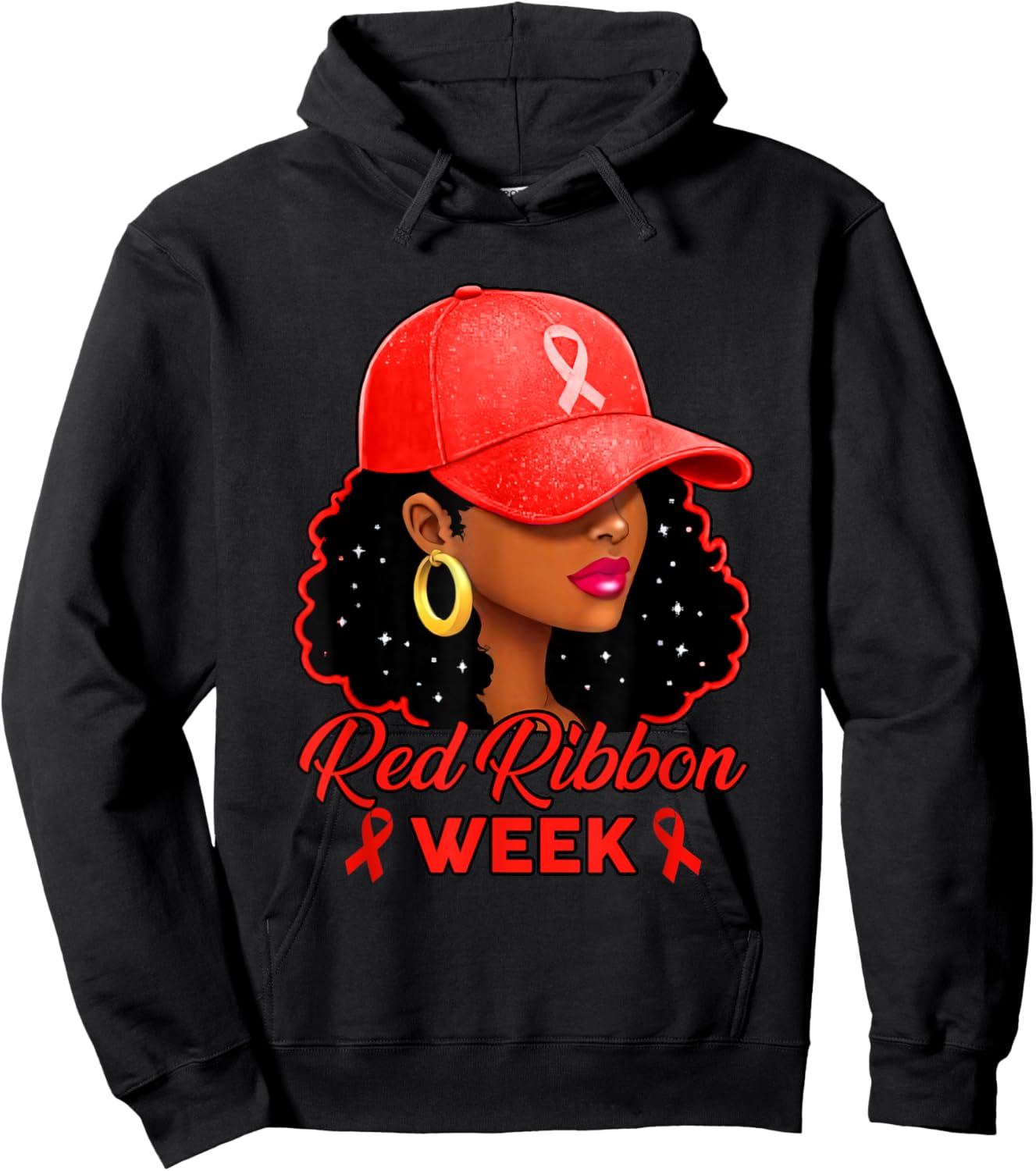 Red Ribbon Week Awareness Afro American Black Girl Women Cap Hoodie - Hoodie | Black