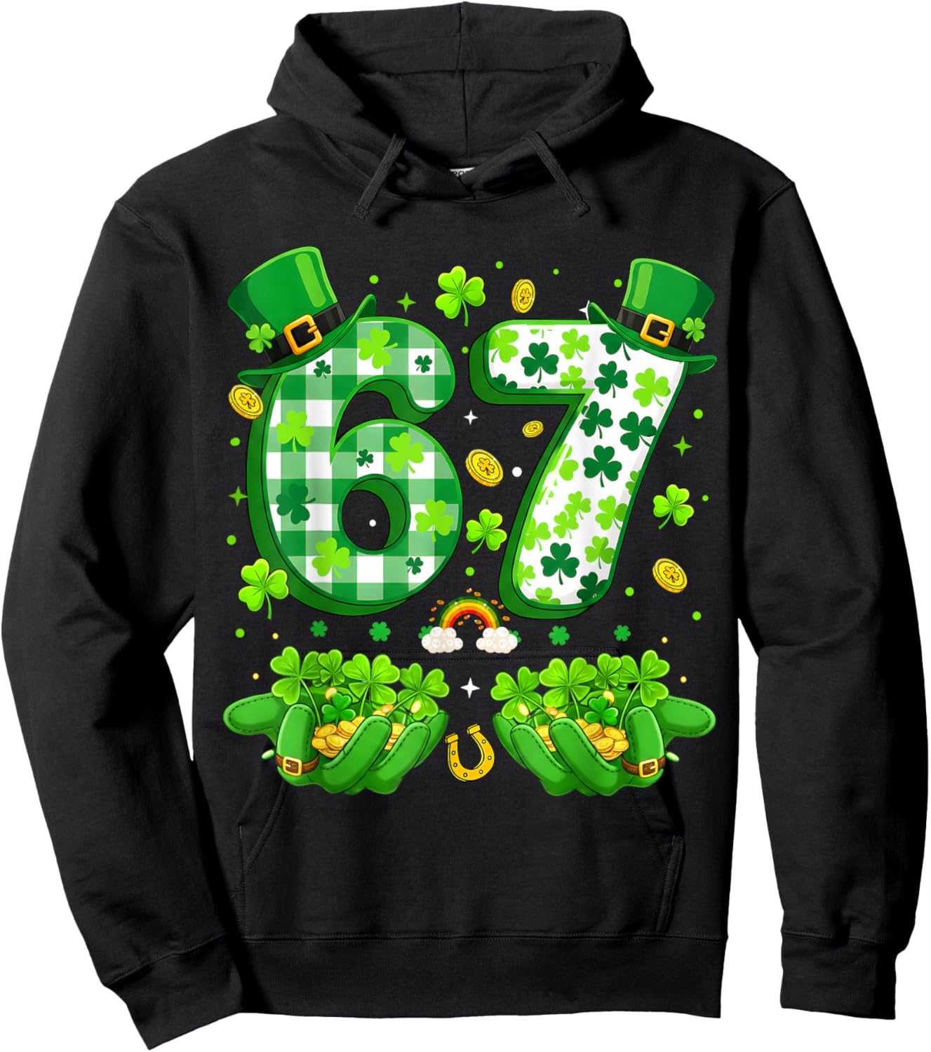 Funny Six Seven 67 Meme Shamrocks St Patrick's Day 6-7 Kids Hoodie - Hoodie | Black