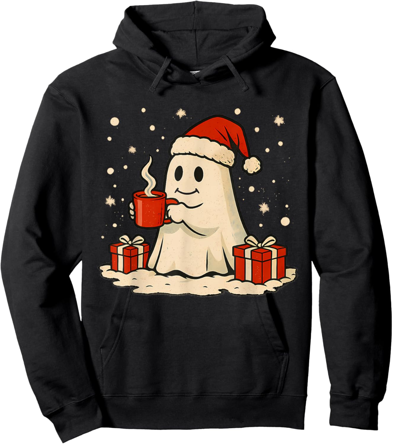 Cute Christmas Ghost Coffee Design Retro Holiday Spirit Hoodie - Hoodie | Black
