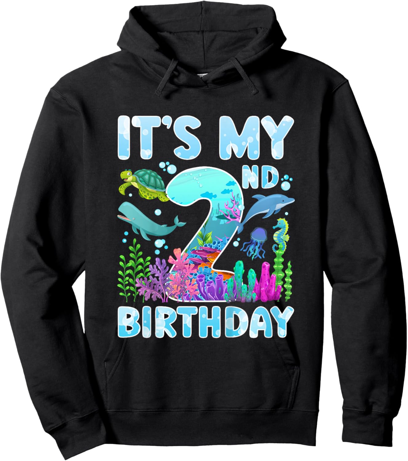 2nd Ocean Birthday Party Two Year Old Sea Animals Hoodie - Hoodie | Black