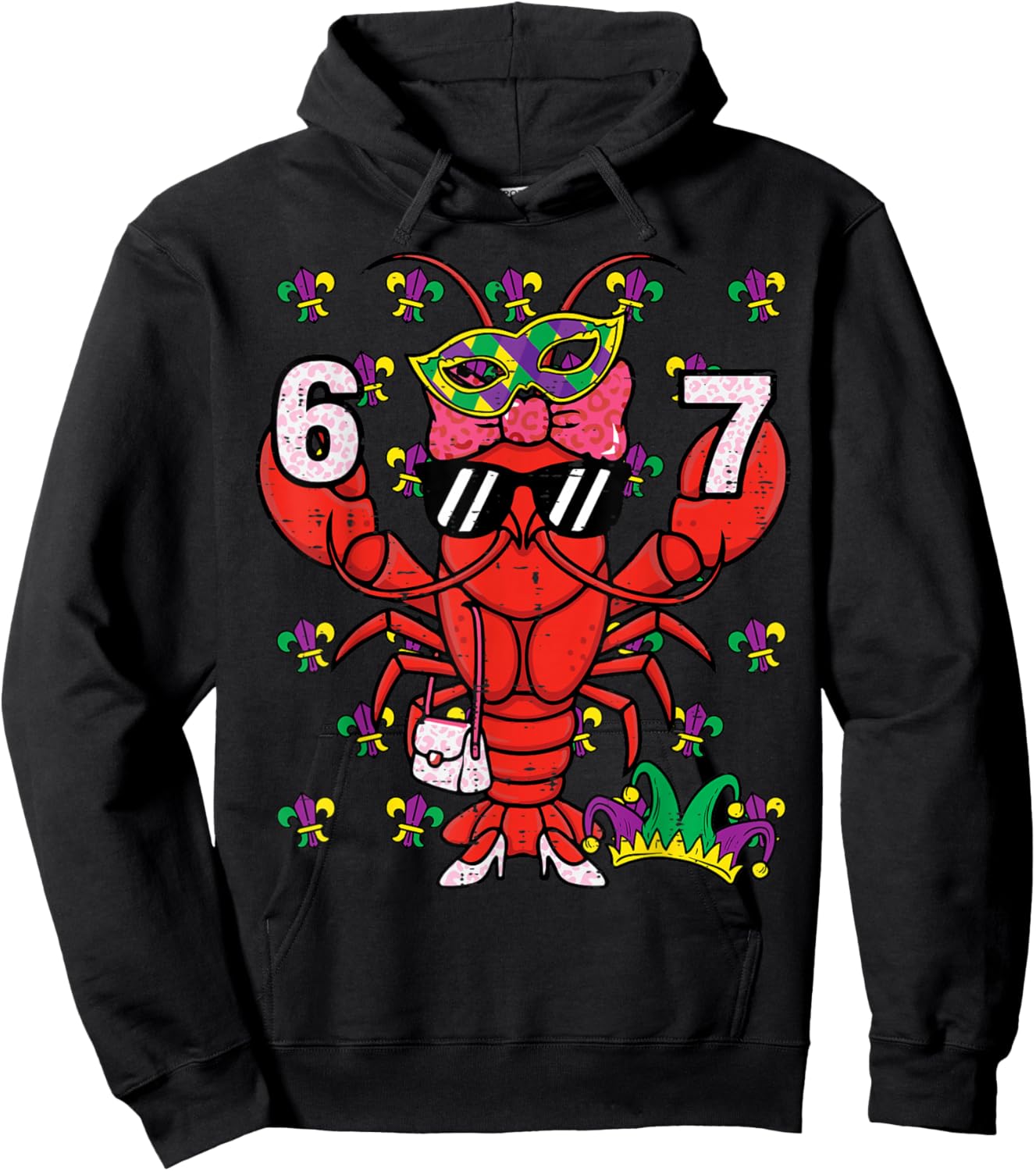 67 Crawfish 6 7 Mardi Gras Meme Kids Girls Women Teacher Hoodie - Hoodie | Black
