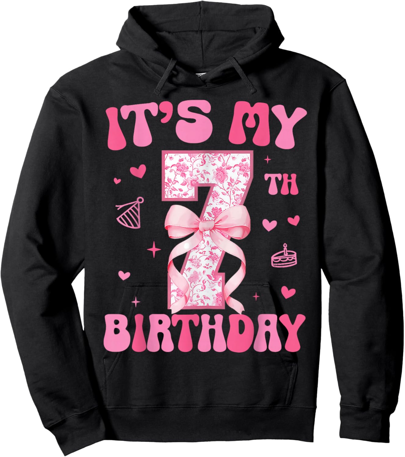 Its My 7th Birthday Girl Coquette Bow 7 Year Old Party Girl Hoodie - Hoodie | Black
