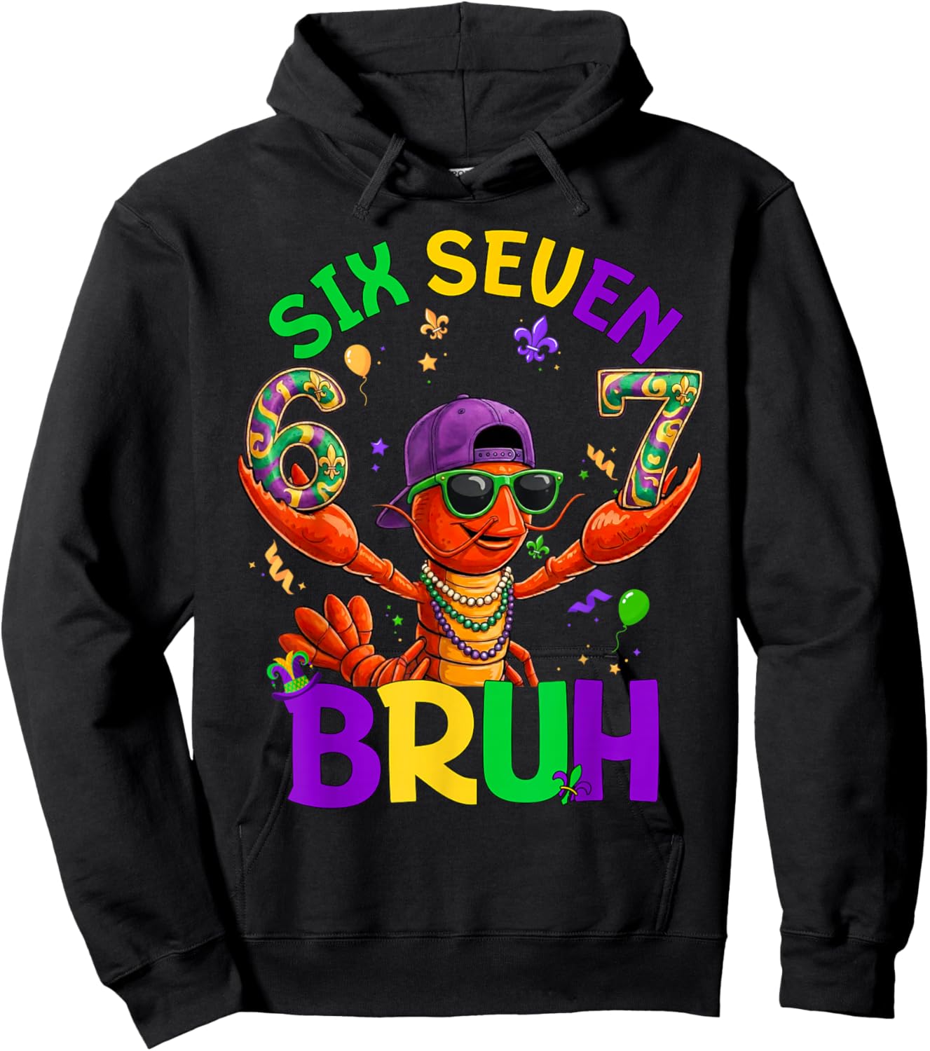 Bruh 67 Mardi Gras Crawfish Six Seven 6 7 Boys Mardi Gras Hoodie - Hoodie | Black