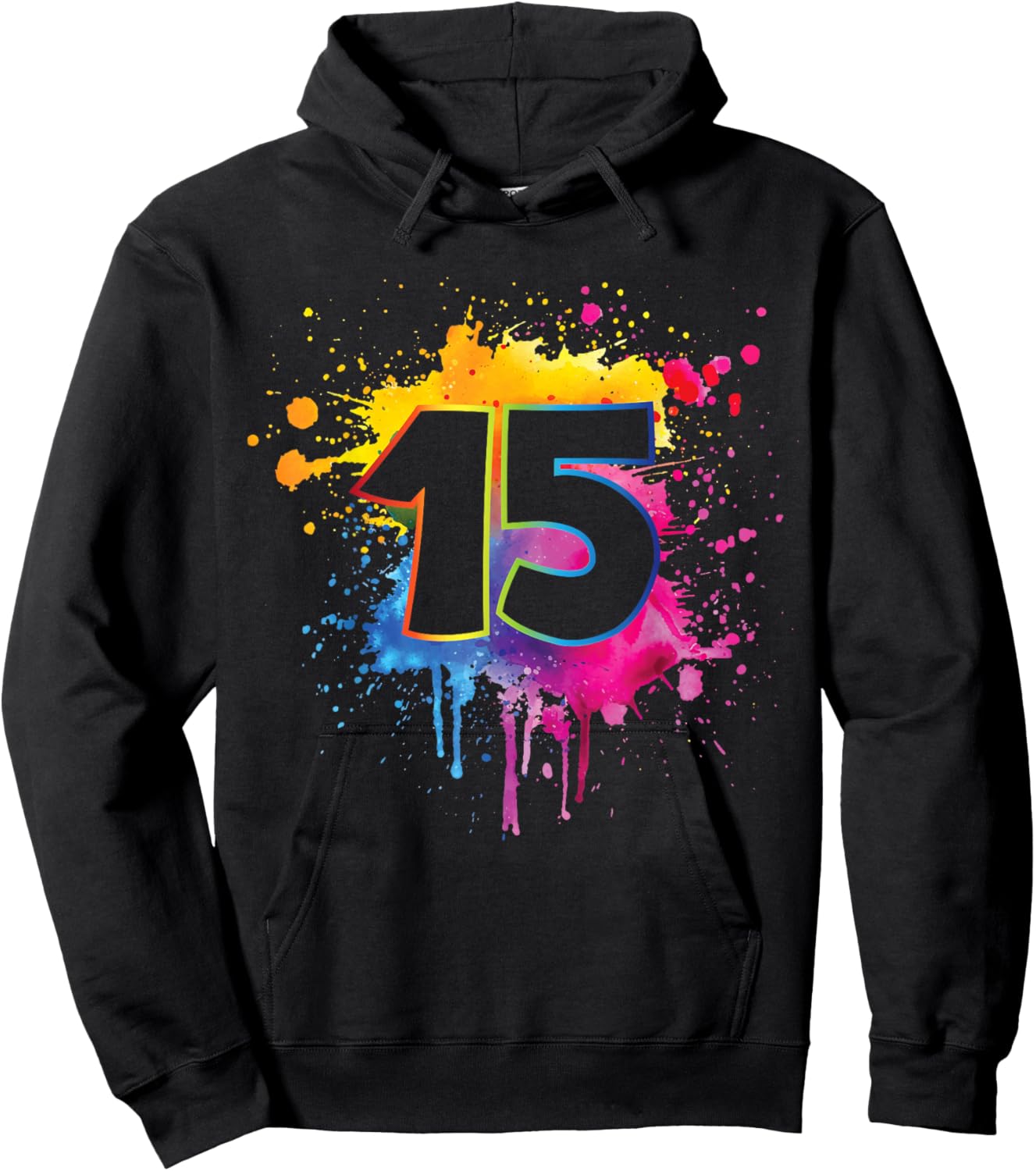 15th Birthday Colorful Paint Splashes 15 Year Old Girls Boys Hoodie - Hoodie | Black