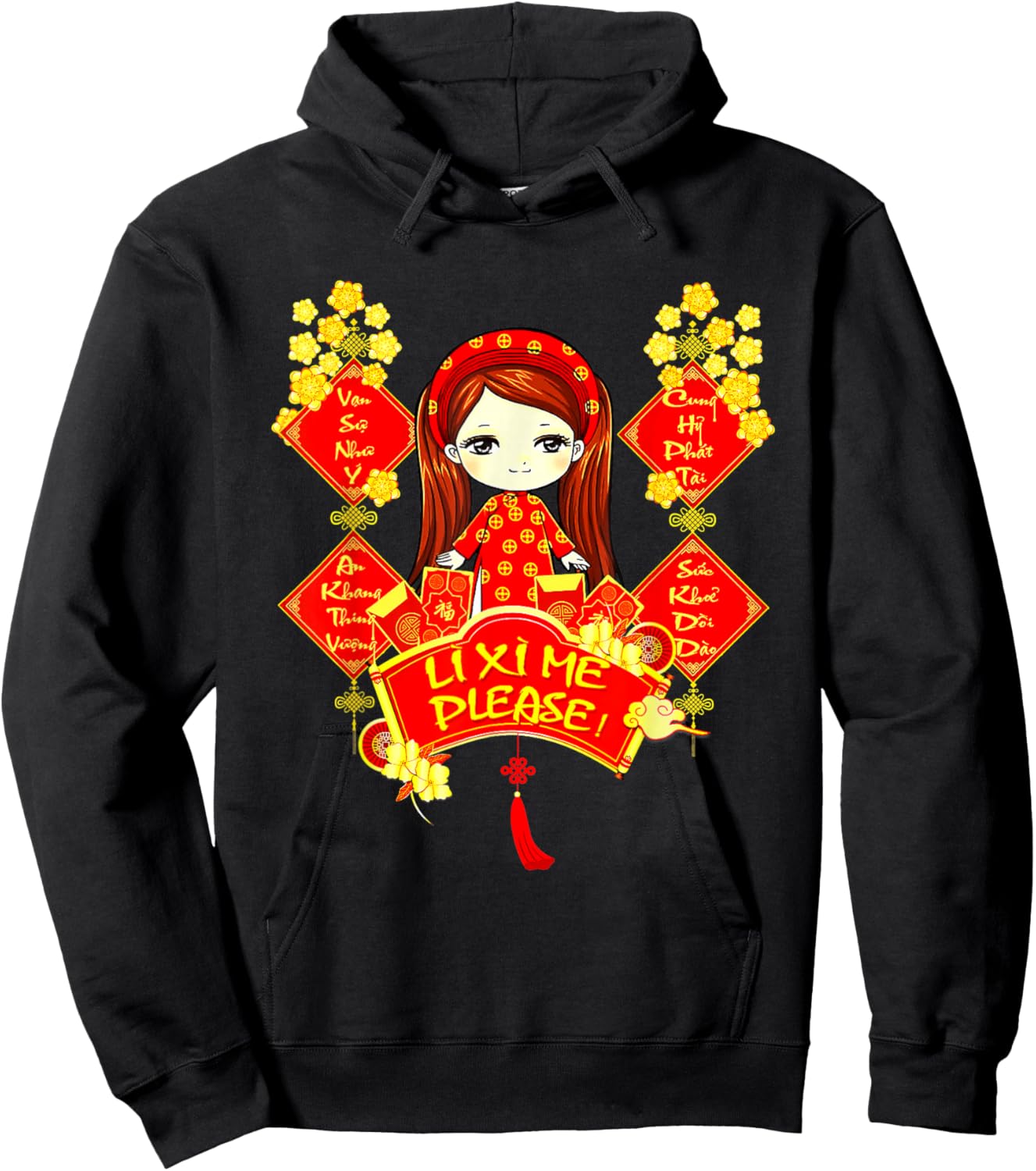 Li Xi Me Please Vietnamese New Year Red Cute Girl Flowers Hoodie - Hoodie | Black