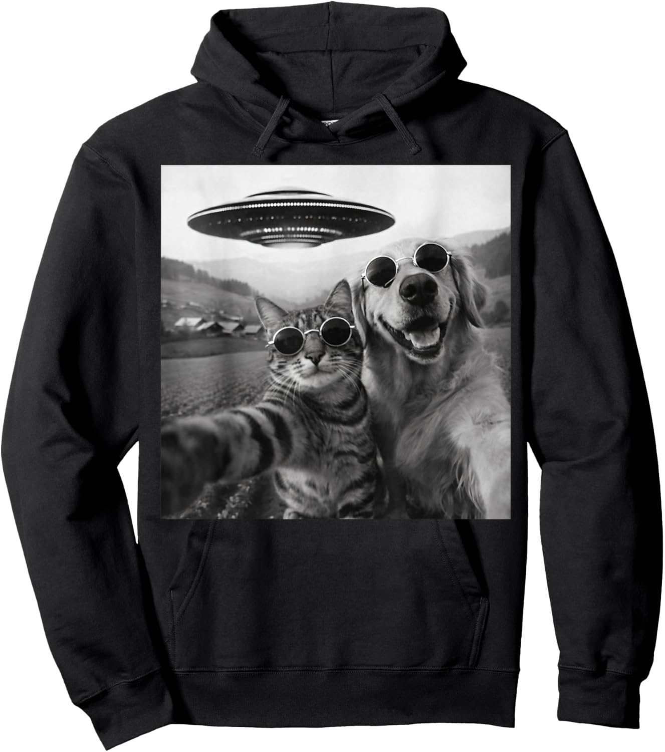 Cat and Dog Selfie with Alien UFO Funny Women Kids Hoodie - Hoodie | Black
