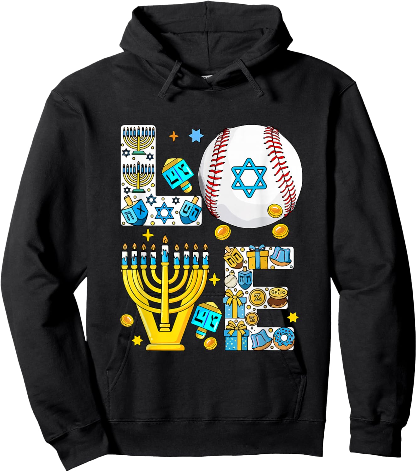 Love Hanukkah Menorah Costume Baseball Lover Player Team Hoodie - Hoodie | Black