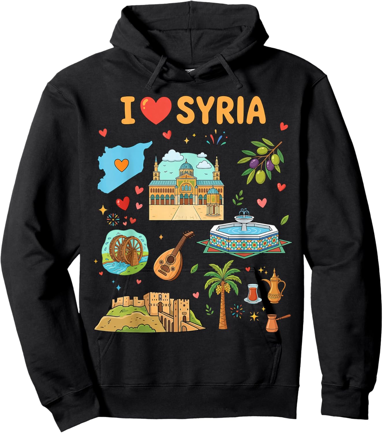 I Love Syria, Cute Cultural Icons Design, Syrian Heritage Hoodie - Hoodie | Black