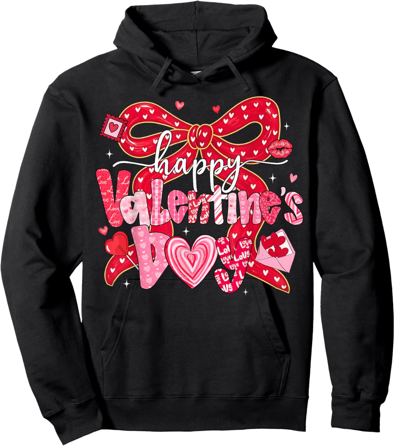 Coquette Bow Happy Valentine Heart Love Girl Women Kid Hoodie - Hoodie | Black