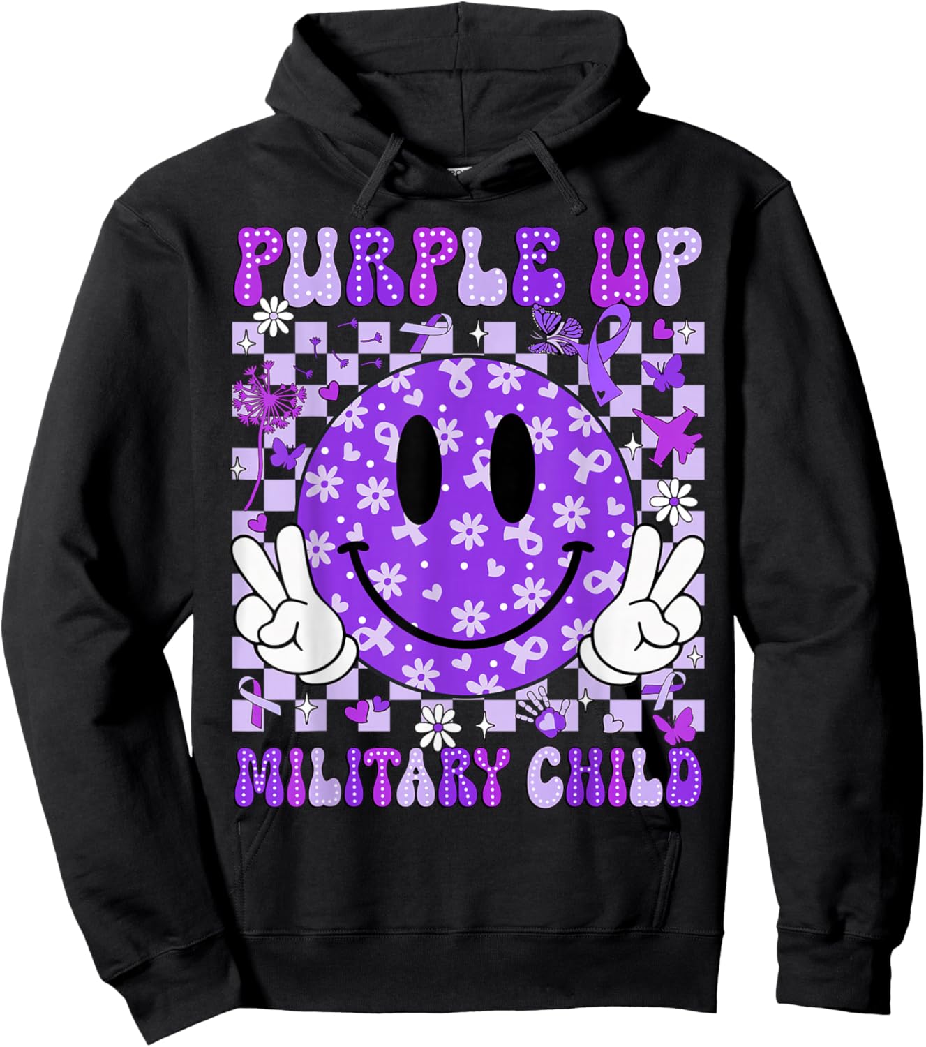 Purple Up Military Child Month Smile Face Women Men Kids Hoodie - Hoodie | Black
