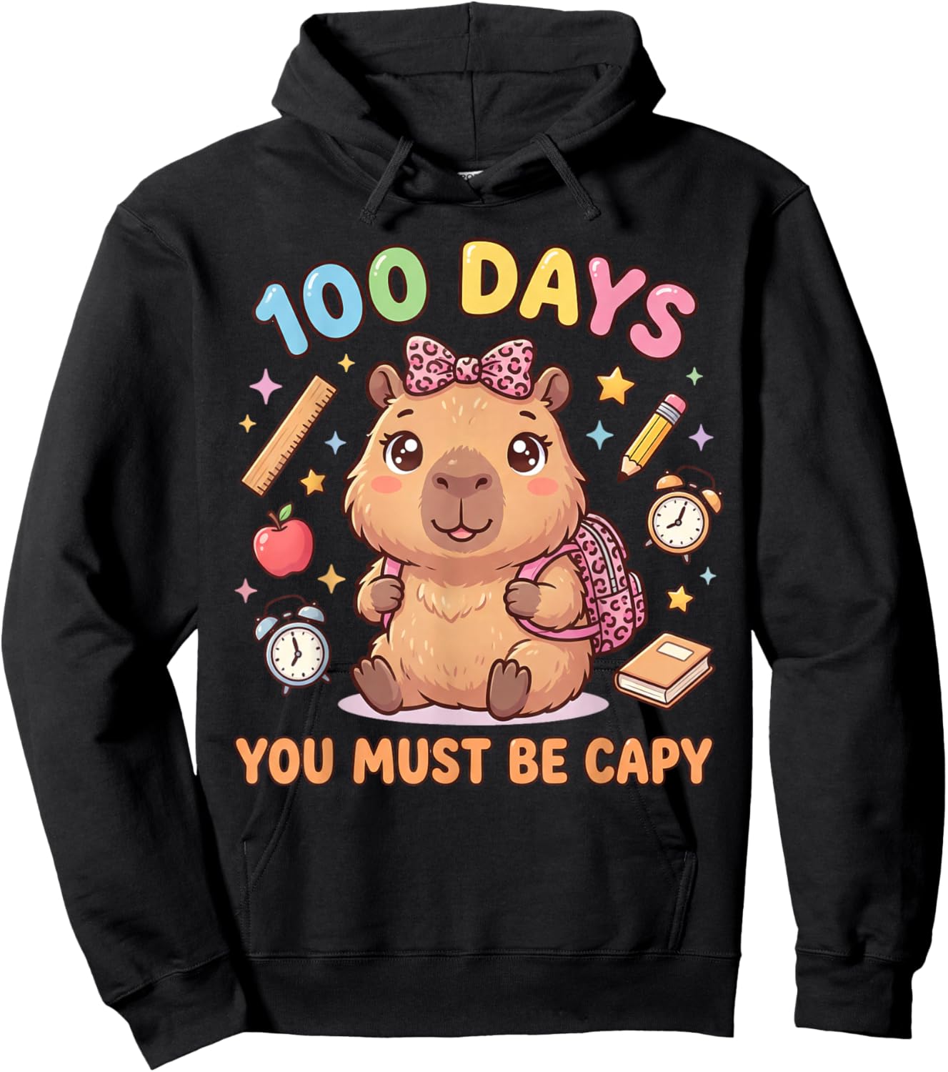 100 Days of School Girls Capybara with Leopard Bow Kids Hoodie - Hoodie | Black