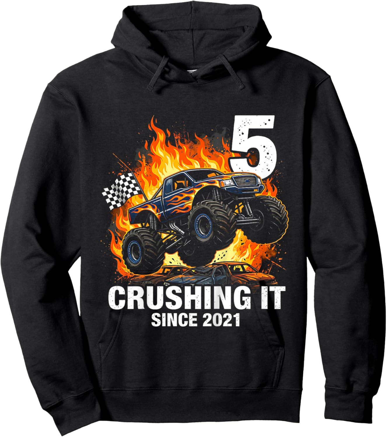 Kids 5th Birthday Truck Turning 5 Years Old Boy Born in 2021 Hoodie - Hoodie | Black