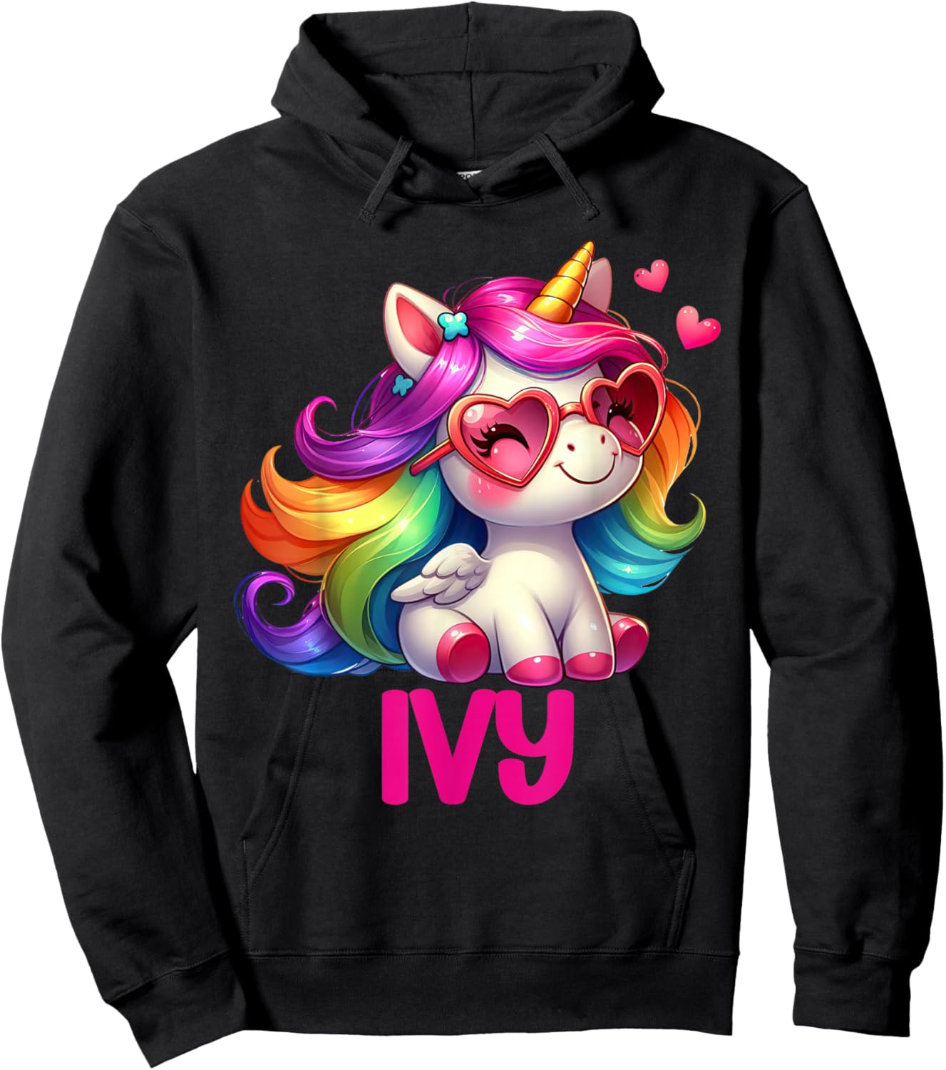 Ivy Personalized Name Colorful Unicorn Women Girls Hoodie - Hoodie | Black
