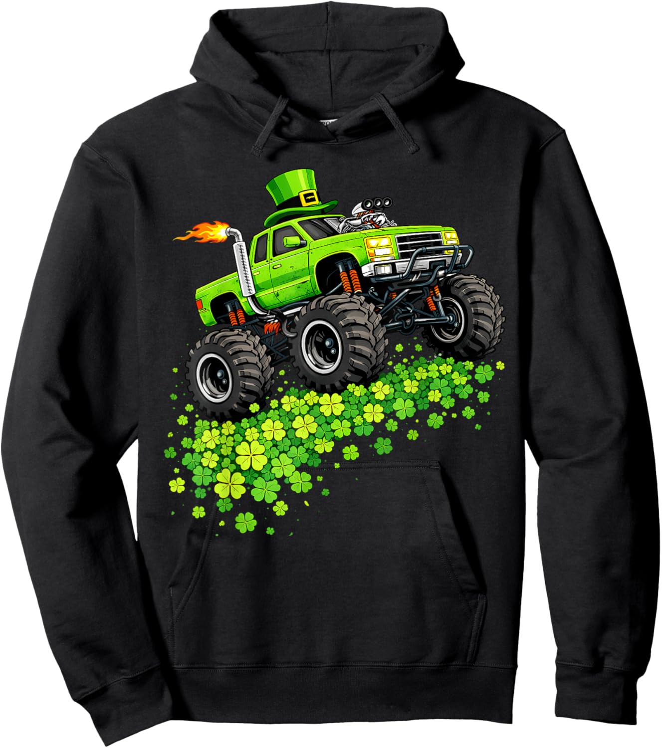 Kids Monster Truck Shamrock St Patrick's Day Boys Hoodie - Hoodie | Black