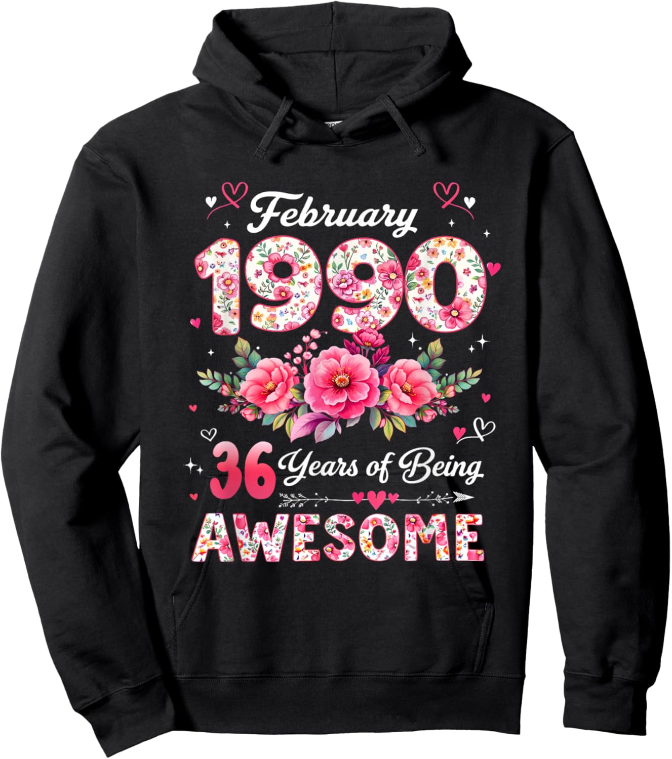 36 Year Old February 1990 Floral 36th Birthday Men Women Hoodie - Hoodie | Black