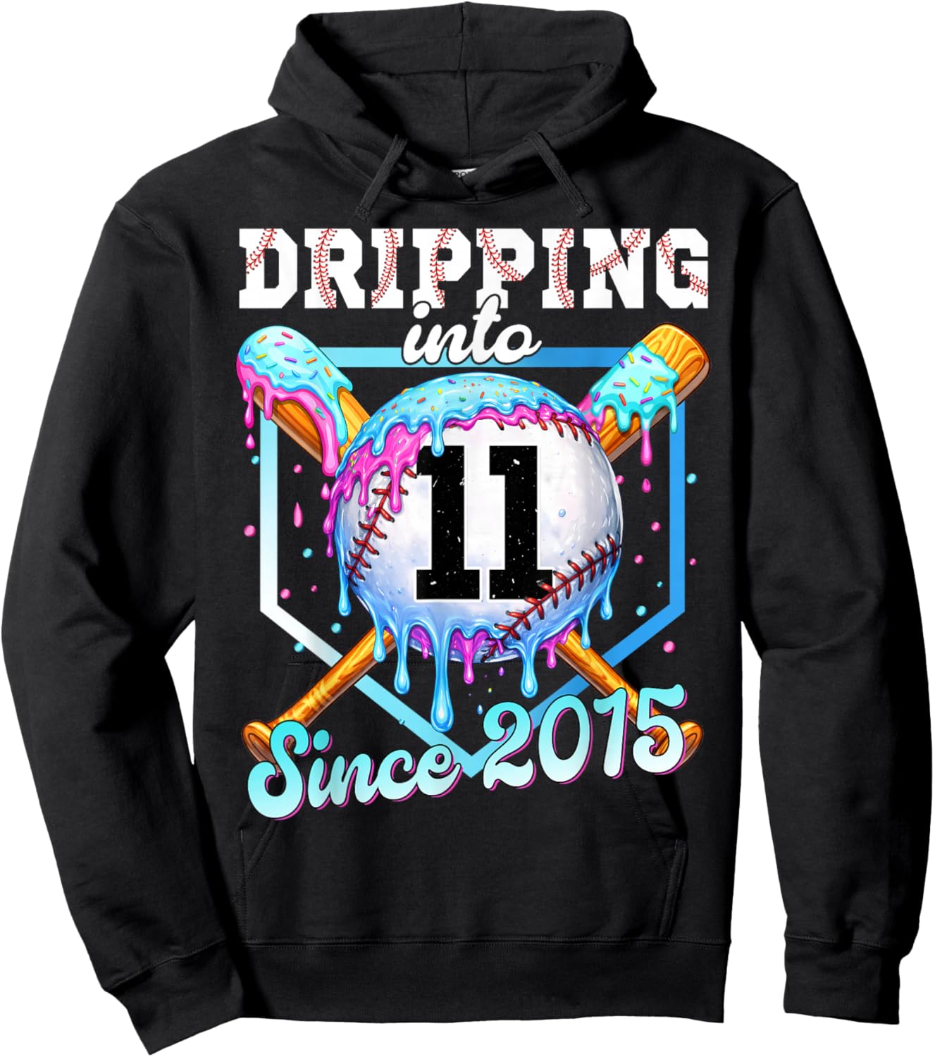 11 Years Old Baseball Ice Cream 11th Birthday Boy Since 2015 Hoodie - Hoodie | Black