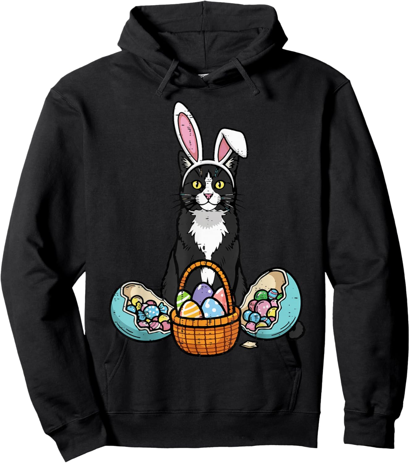 Easter Tuxedo Cat Bunny Ears Eggs Kitten Women Girls Kids Hoodie - Hoodie | Black