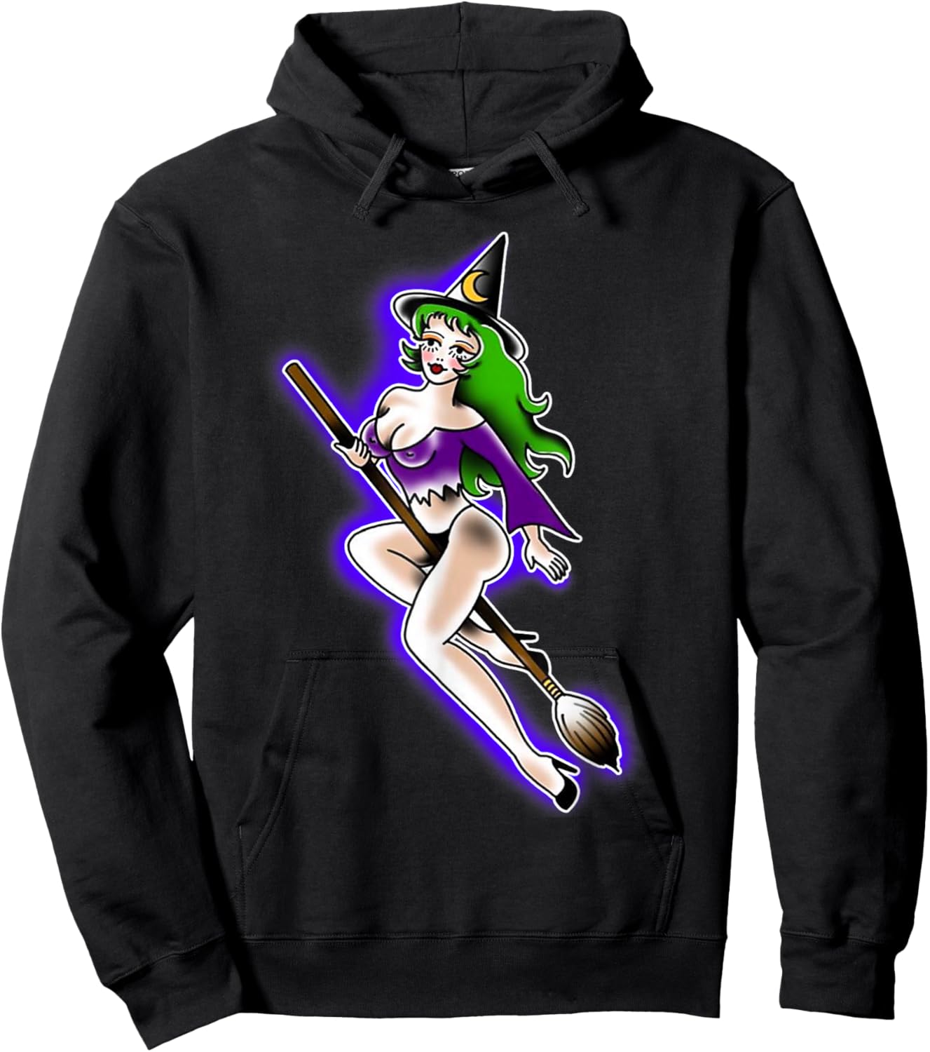 Witch Girl Riding Broom Cute Pin-Up Tattoo Hoodie - Hoodie | Black