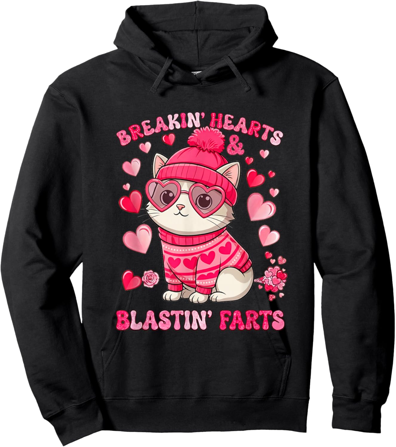 Funny Cat Breaking Hearts Blasting Farts Valentines Day Hoodie - Hoodie | Black