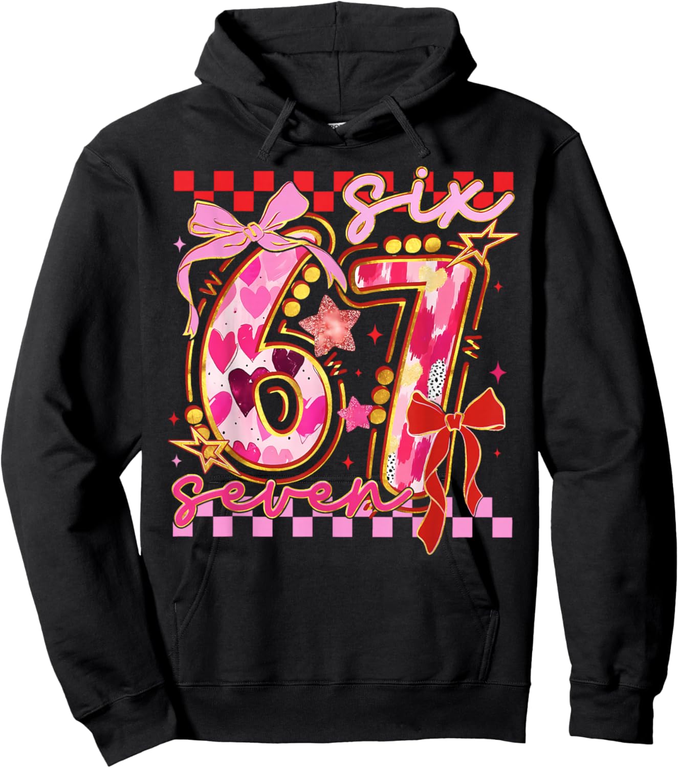 Six Seven Valentine Day Funny Pink 67 Cute Bow Girls Women Hoodie - Hoodie | Black