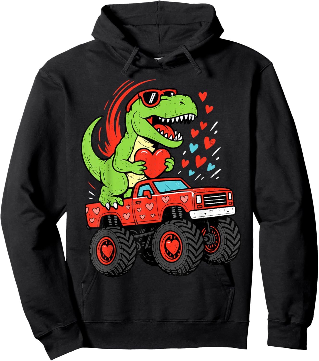 Dinosaur T Rex Ridding Truck Valentines Day Boy Toddler Kids Hoodie - Hoodie | Black