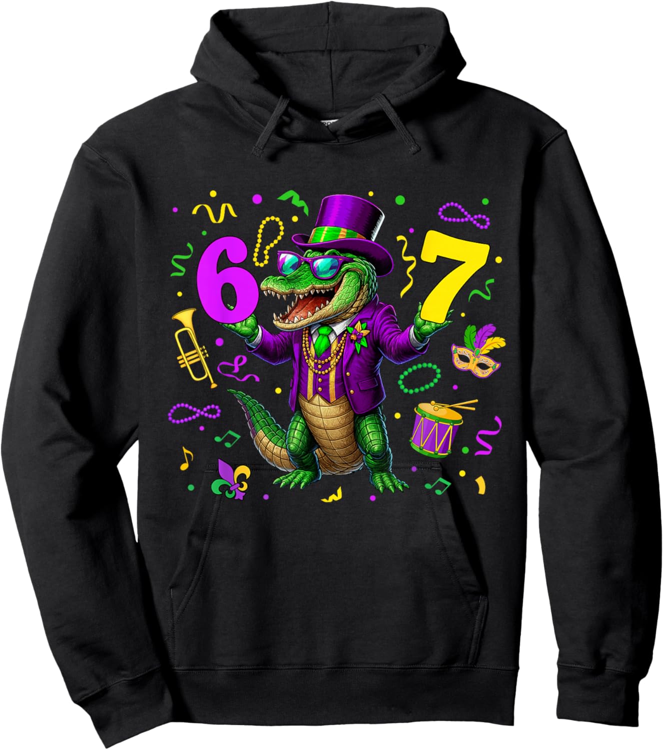 Alligator Six Seven Bruh 6 7 Meme Mardi Gras Carnival Kids Hoodie - Hoodie | Black