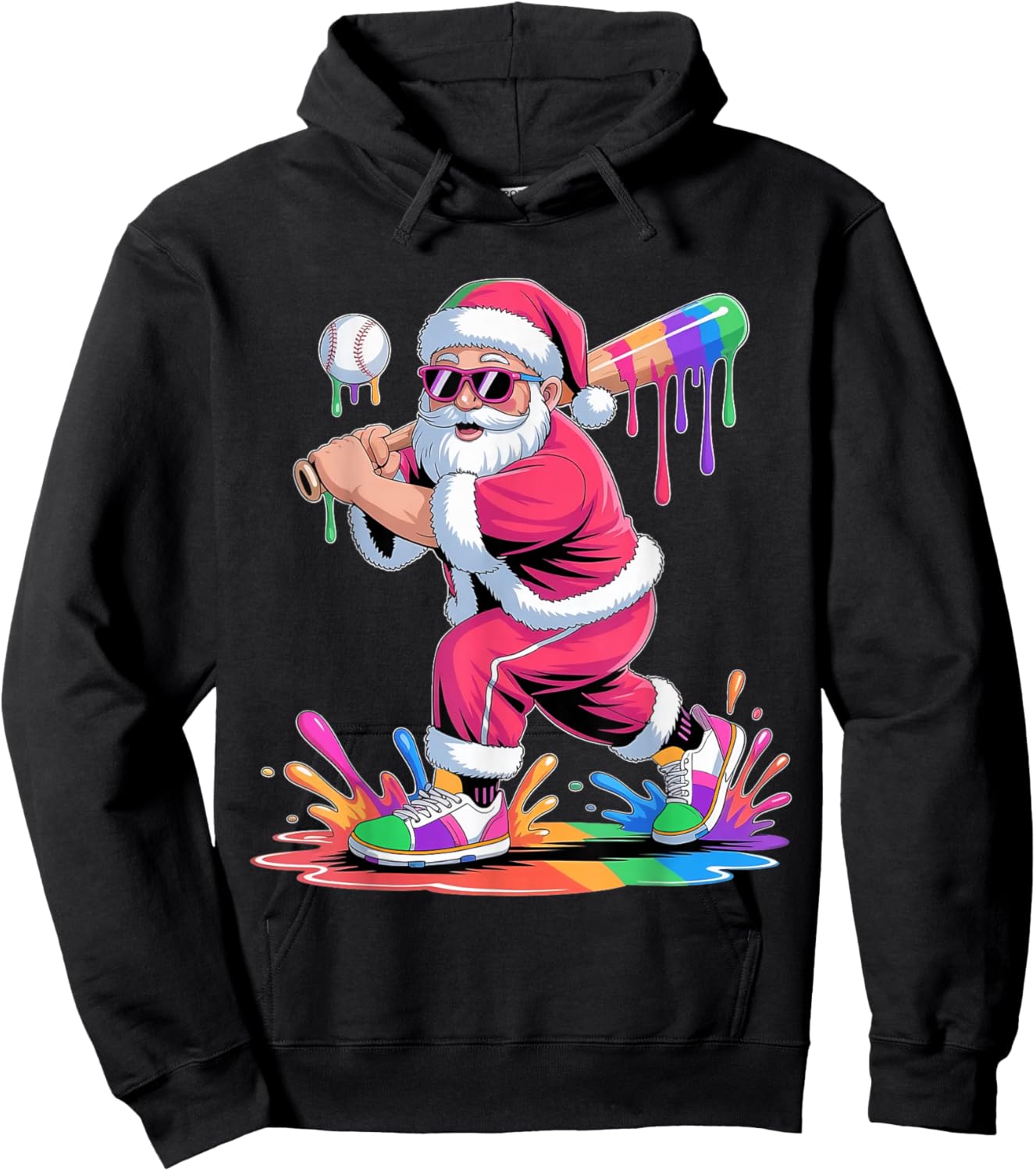 Santa Playing Baseball Ice Cream Dripping Christmas Baseball Hoodie - Hoodie | Black