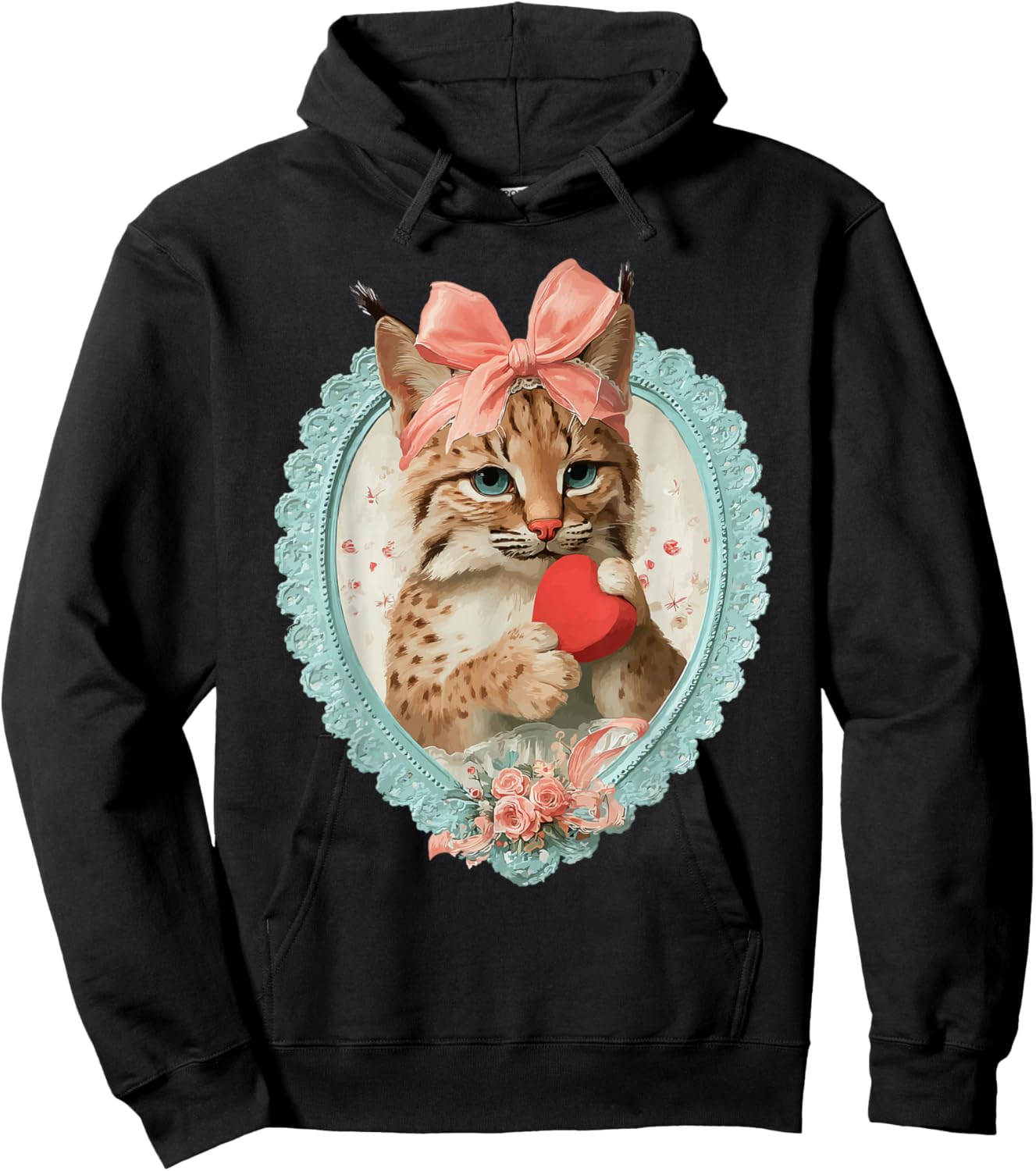 Vintage Valentine Bobcat with Heart Romantic Animal Coquette Hoodie - Hoodie | Black