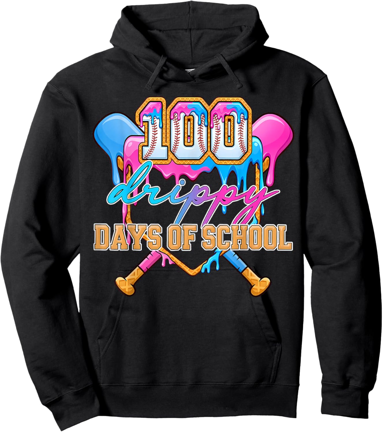 100 Drippy Days of School Baseball Ice Cream Drip Boys Kids Hoodie - Hoodie | Black