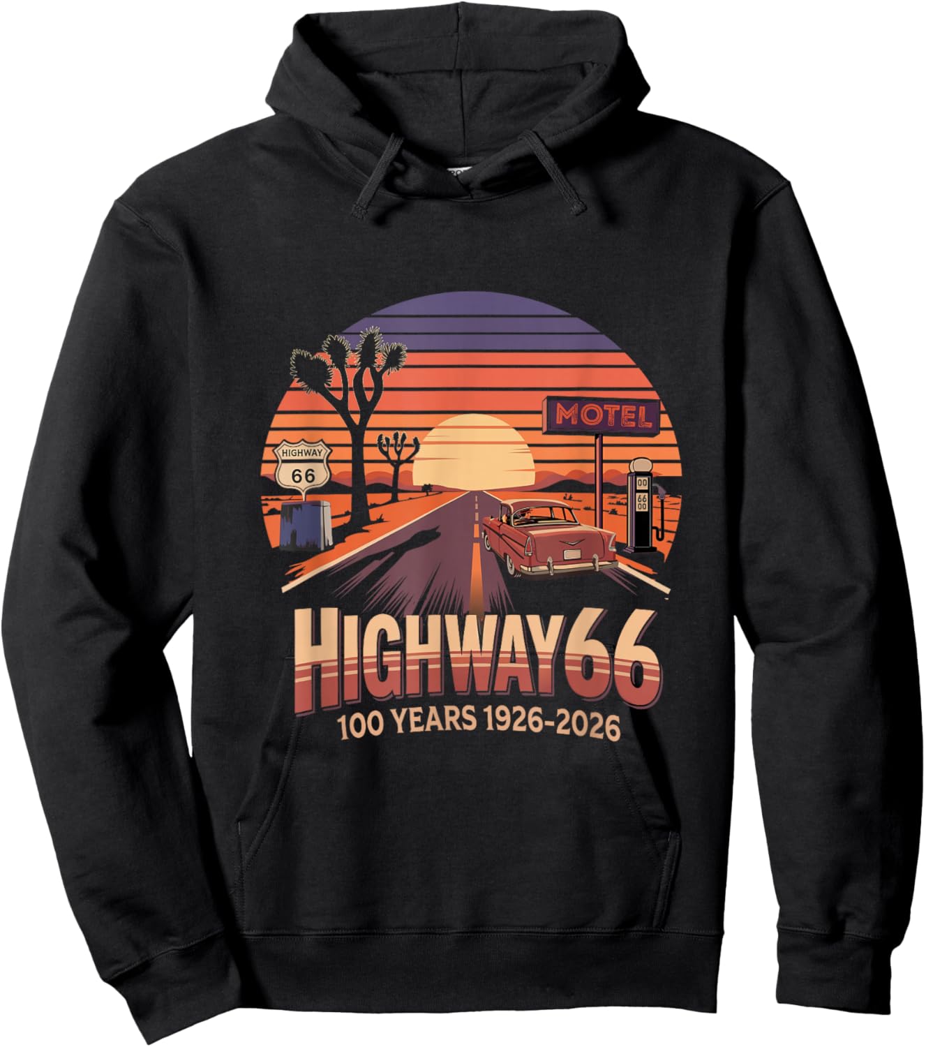 Highway 66 100 Years 1926-2026 Classic Car Lover Anniversary Hoodie - Hoodie | Black