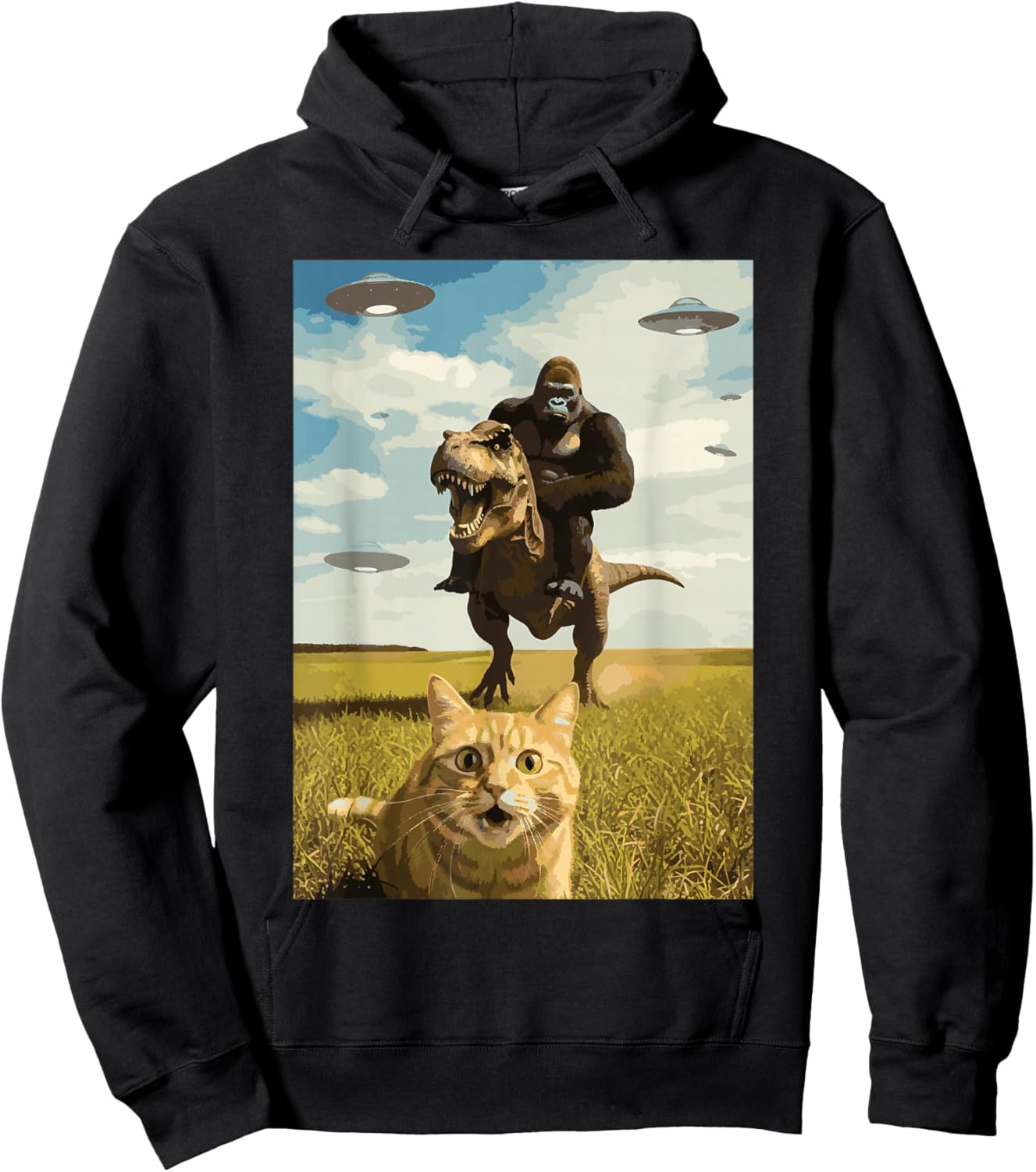 Cat Bigfoot On Dino UFO Selfie Funny Sasquatch Trex Meme Kid Hoodie - Hoodie | Black