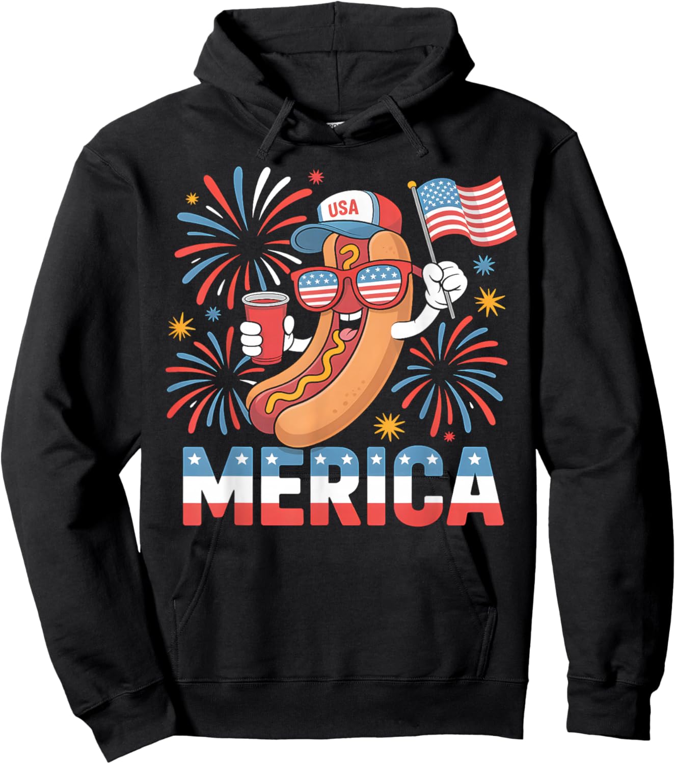 Funny Patriotic Hotdog 'Merica Style 4th of July BBQ Humor Hoodie - Hoodie | Black