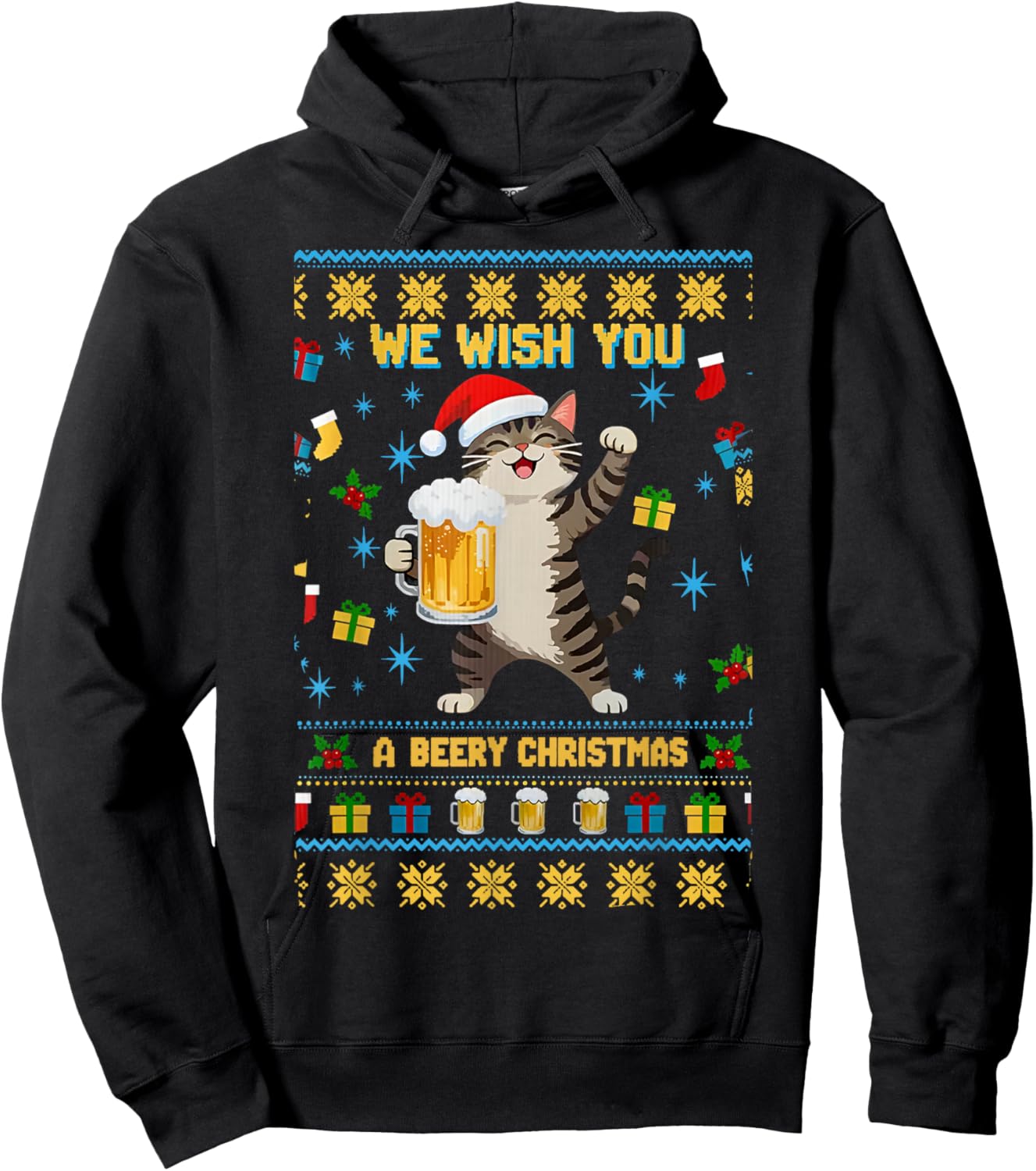 we Wish You a Beery Christmas Cute cat Drinking Beer Hoodie - Hoodie | Black