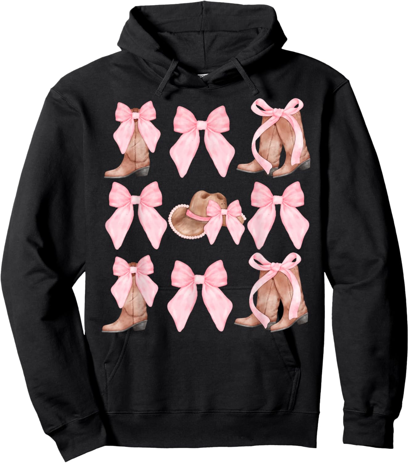 Western Coquette Cowgirl Pink Bows Boots Hats Y2K Hoodie - Hoodie | Black