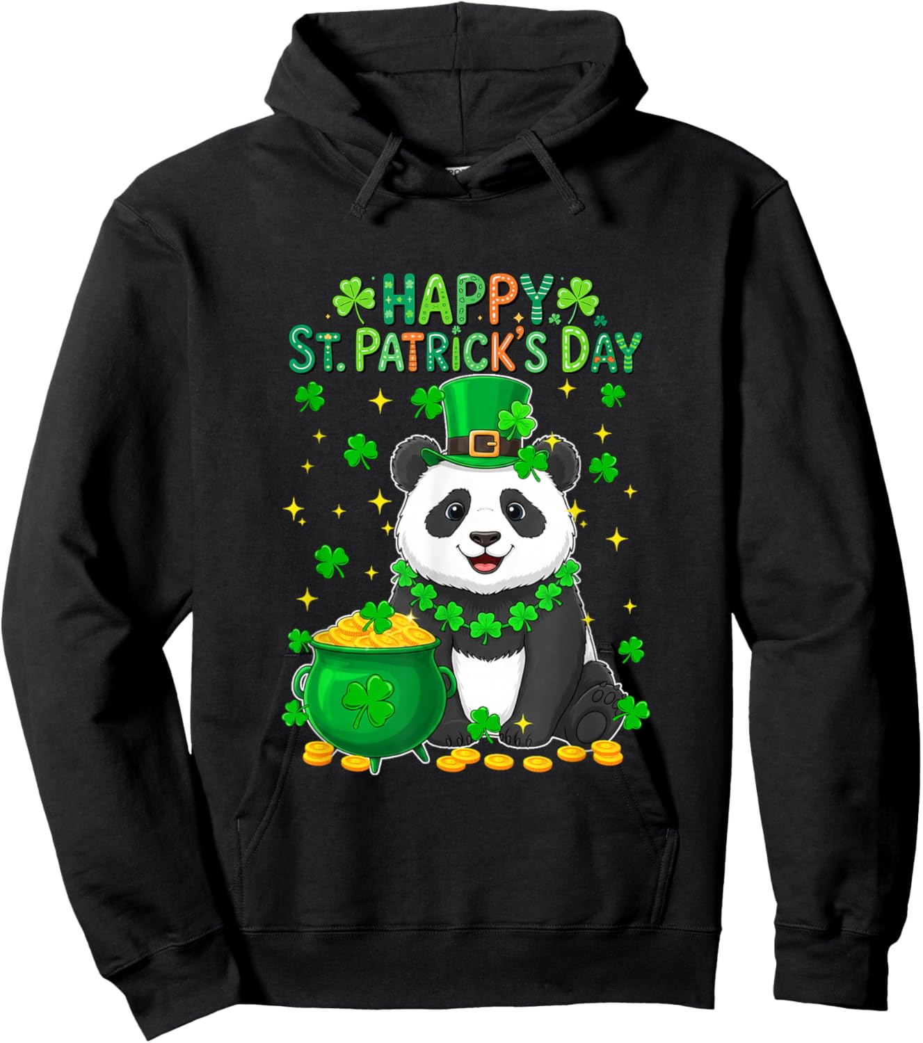 Happy St. Patrick's Day Panda Shamrocks Coins Lover Kids Hoodie - Hoodie | Black