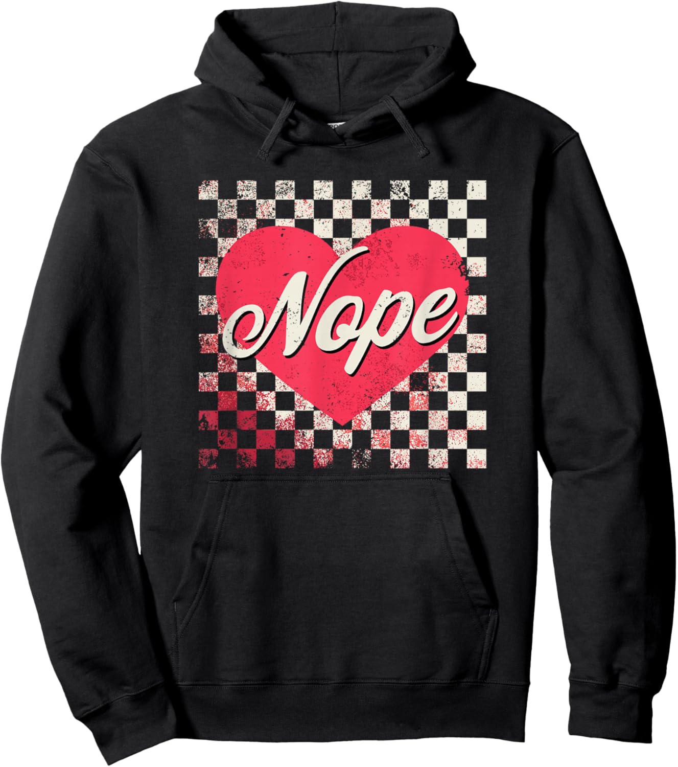 Nope Vintage Valentine's Distressed Checker Hoodie - Hoodie | Black
